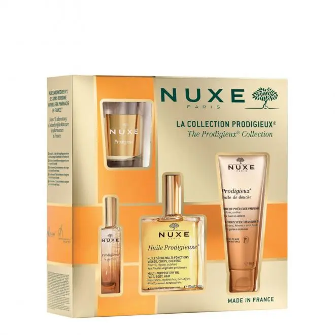 NUXE COFFRET LA COLLECTION PRODIGIEUX HUILE PRODIGIEUX 100ML + HUILE DE DOUCHE 100ML+ LE PARFUM 30ML + BOUGIE