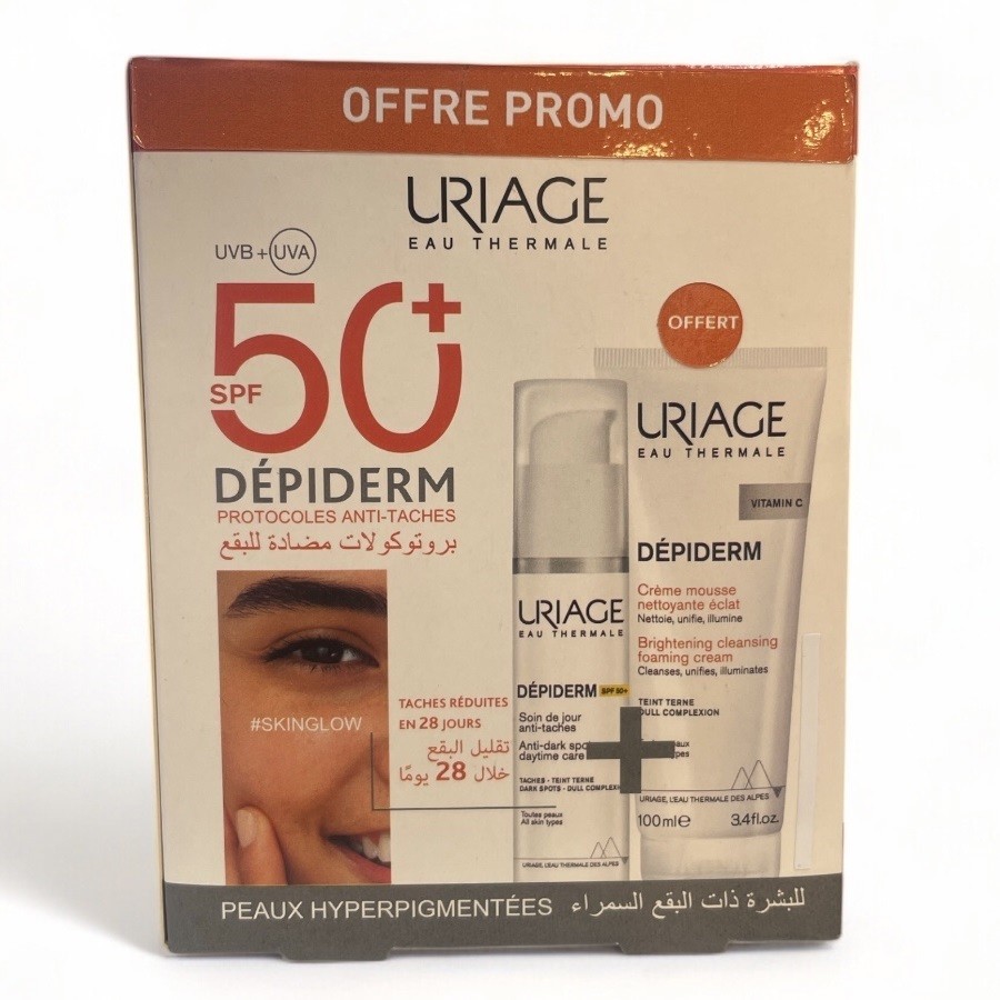 URIAGE PACK DUO DEPIDERM SOIN DE JOUR ANTI TACHE SPF50 30ML + DEPIDERM CREME MOUSSE NETTOYANTE ECLAT 100ML